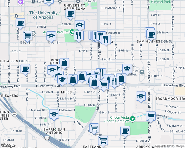 map of restaurants, bars, coffee shops, grocery stores, and more near 1823 East 10th Street in Tucson