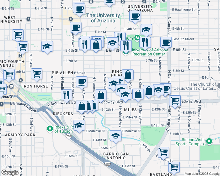 map of restaurants, bars, coffee shops, grocery stores, and more near 116 North Mountain Avenue in Tucson