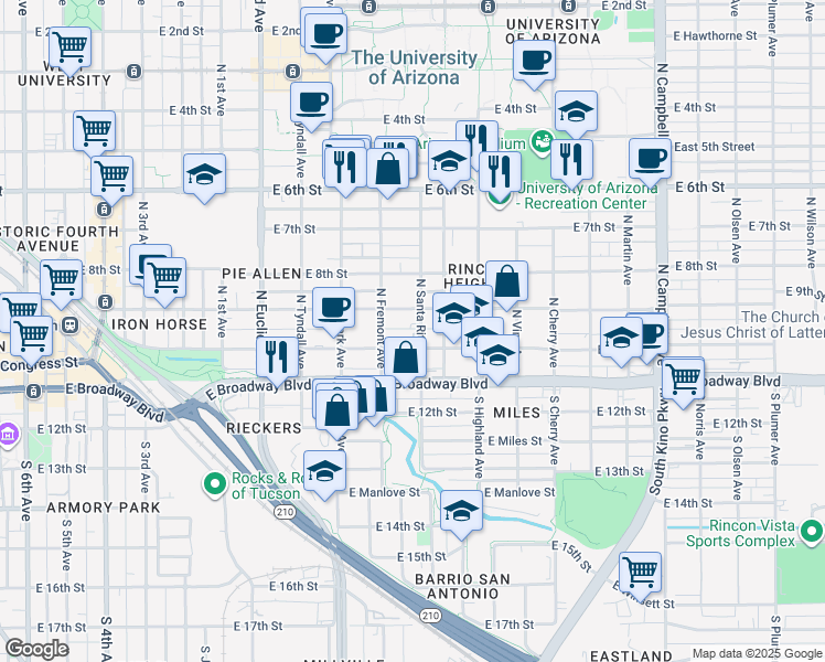 map of restaurants, bars, coffee shops, grocery stores, and more near 1147 East 10th Street in Tucson