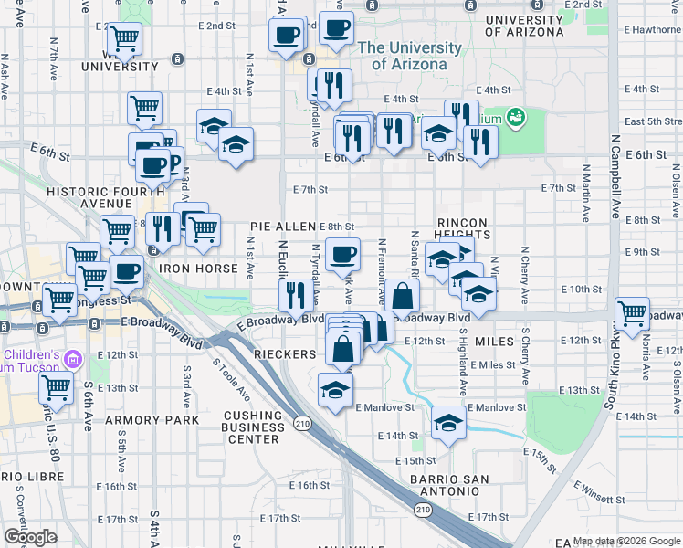 map of restaurants, bars, coffee shops, grocery stores, and more near 111 North Park Avenue in Tucson