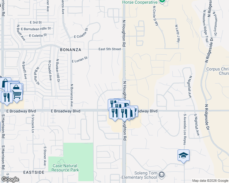 map of restaurants, bars, coffee shops, grocery stores, and more near 10270 East Vicksburg Street in Tucson