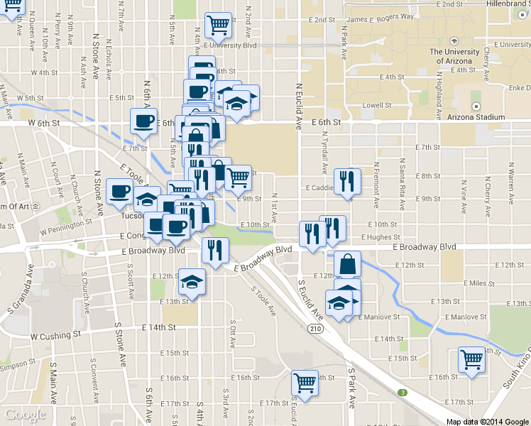 map of restaurants, bars, coffee shops, grocery stores, and more near in Tucson