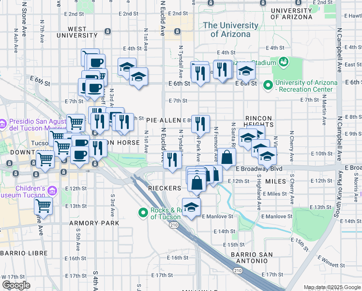 map of restaurants, bars, coffee shops, grocery stores, and more near 121 N Tyndall Ave in Tucson
