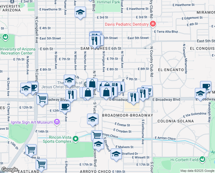 map of restaurants, bars, coffee shops, grocery stores, and more near 120 North Forgeus Avenue in Tucson