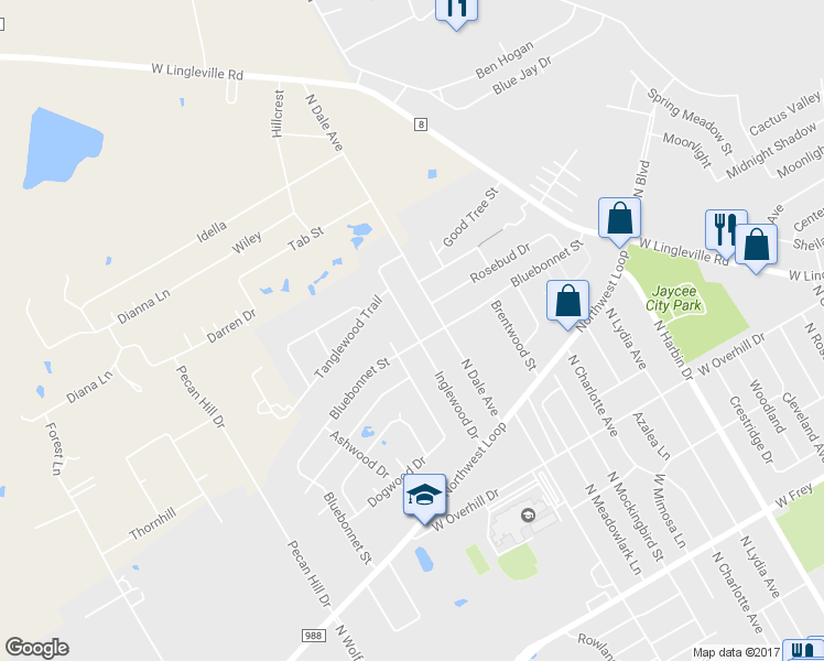 map of restaurants, bars, coffee shops, grocery stores, and more near 1408 Inglewood Drive in Stephenville