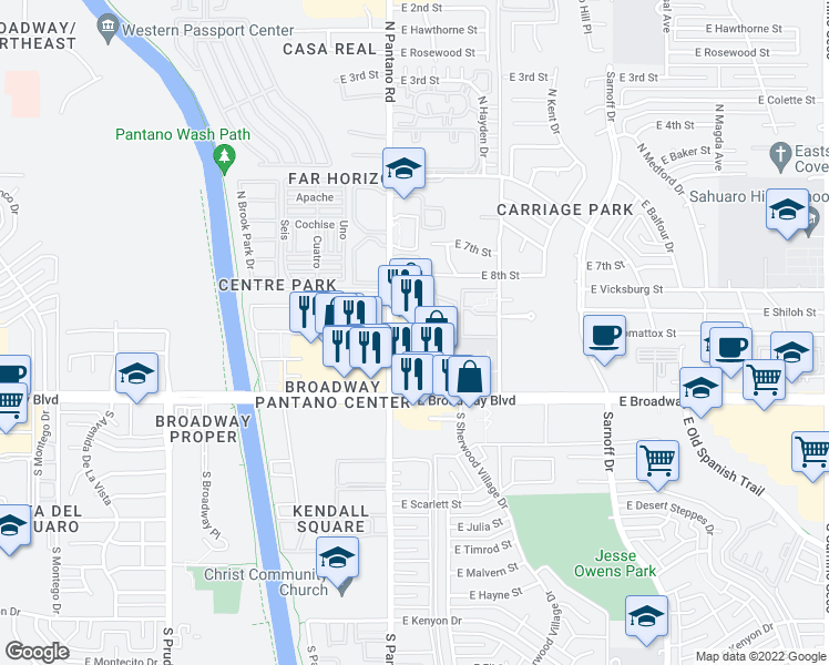map of restaurants, bars, coffee shops, grocery stores, and more near 150 North Pantano Road in Tucson