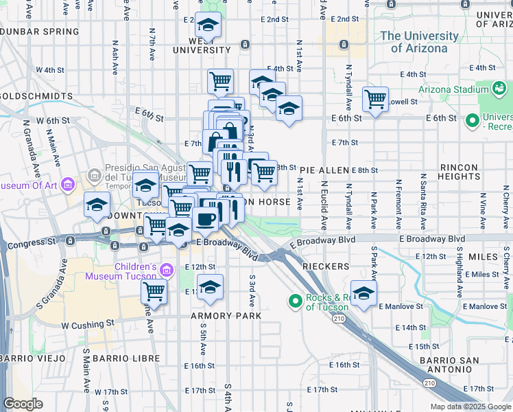 map of restaurants, bars, coffee shops, grocery stores, and more near 504 East 9th Street in Tucson