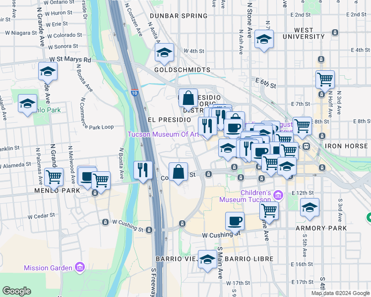 map of restaurants, bars, coffee shops, grocery stores, and more near 430 West Alameda Street in Tucson