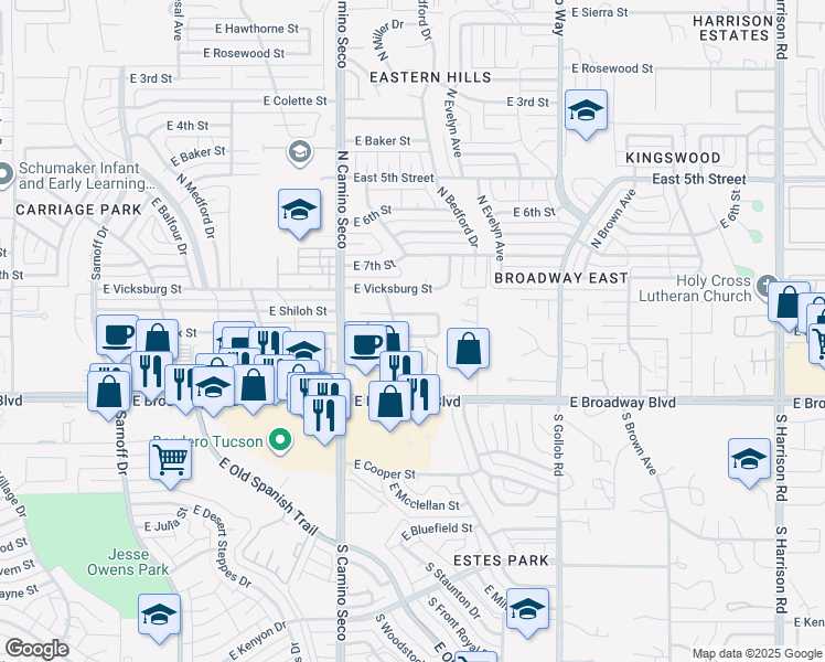 map of restaurants, bars, coffee shops, grocery stores, and more near 8821 East Appomattox Street in Tucson