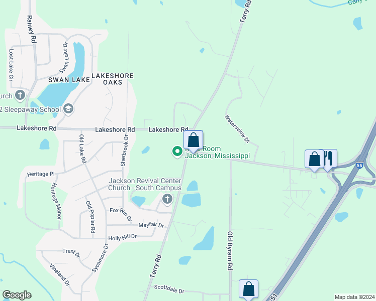 map of restaurants, bars, coffee shops, grocery stores, and more near 3982 Terry Road in Jackson