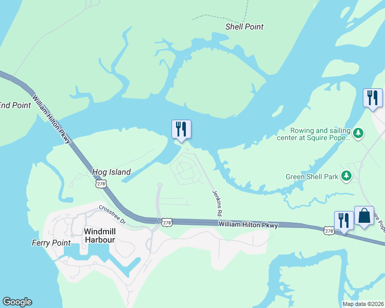 map of restaurants, bars, coffee shops, grocery stores, and more near 43 Jenkins Island Road in Hilton Head Island