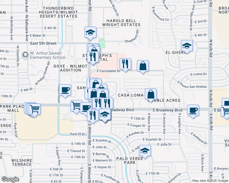 map of restaurants, bars, coffee shops, grocery stores, and more near 101 North Avenida De San Ramon in Tucson