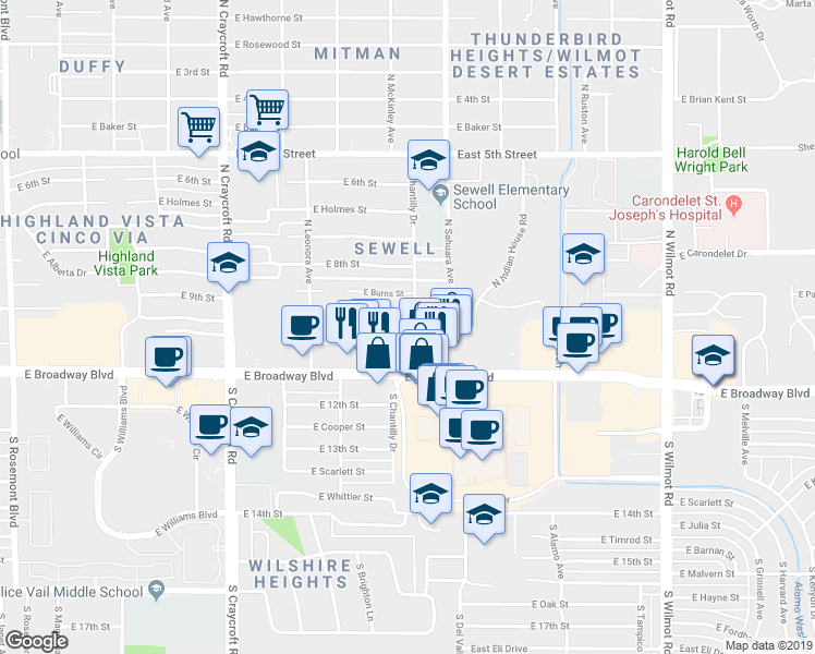 map of restaurants, bars, coffee shops, grocery stores, and more near 5760 East 9th Street in Tucson