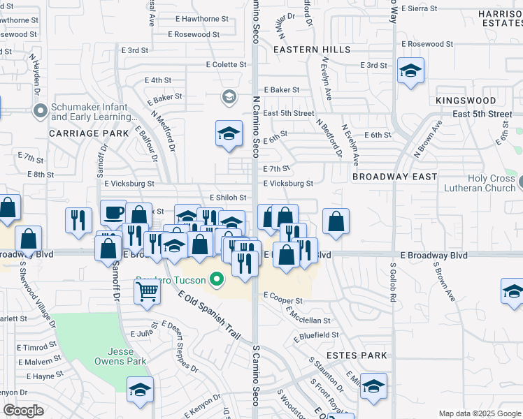 map of restaurants, bars, coffee shops, grocery stores, and more near 8701 East Appomattox Street in Tucson