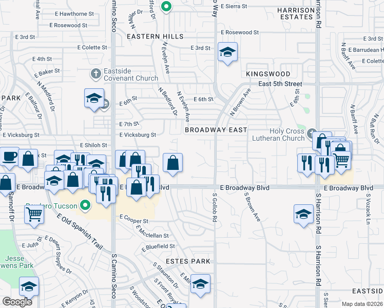 map of restaurants, bars, coffee shops, grocery stores, and more near 9010 East Berkshire Place in Tucson