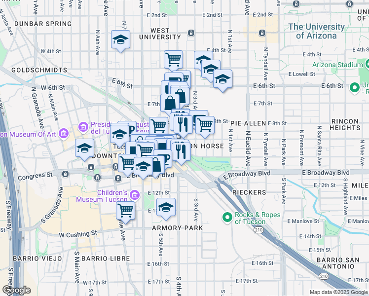 map of restaurants, bars, coffee shops, grocery stores, and more near 125 North Hoff Avenue in Tucson