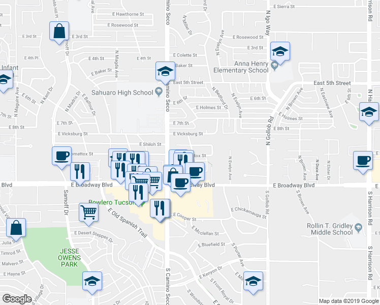 map of restaurants, bars, coffee shops, grocery stores, and more near 8761 East Appomattox Street in Tucson