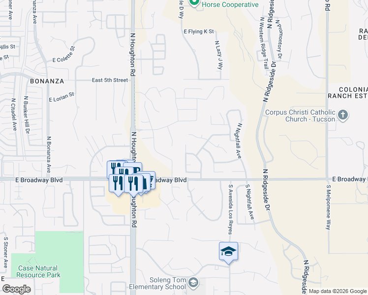 map of restaurants, bars, coffee shops, grocery stores, and more near 163 North Cheesebrush Avenue in Tucson