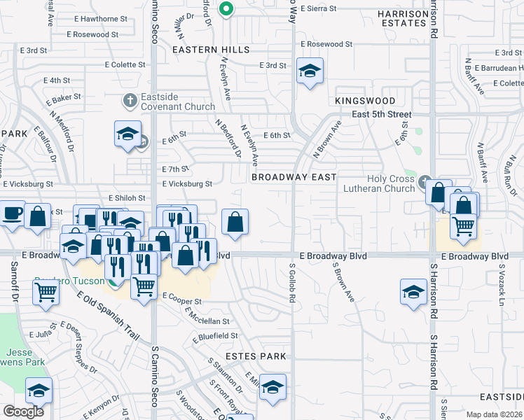 map of restaurants, bars, coffee shops, grocery stores, and more near 9010 East Berkshire Place in Tucson