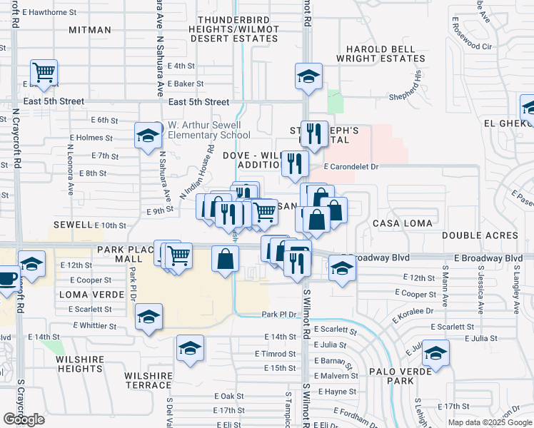map of restaurants, bars, coffee shops, grocery stores, and more near 6199 East Broadway Boulevard in Tucson