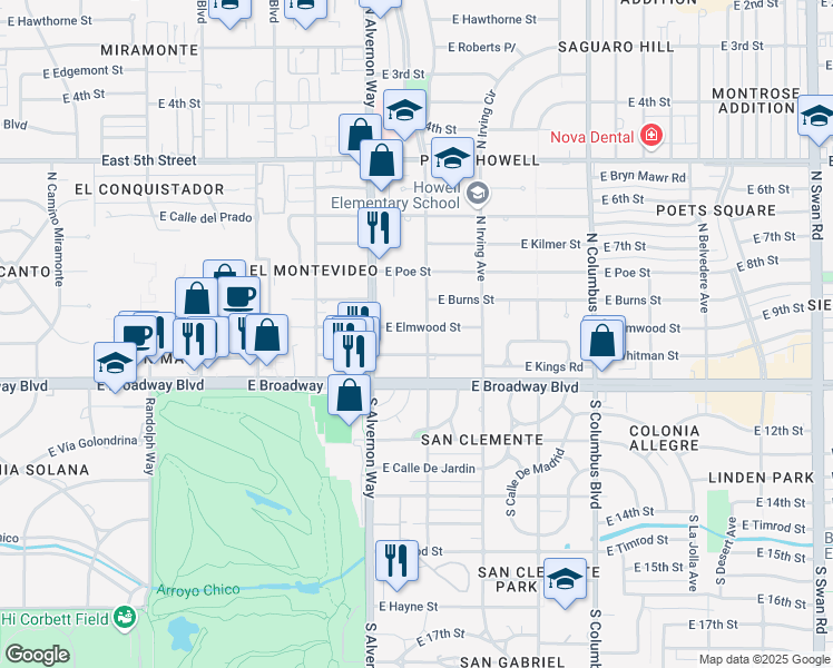map of restaurants, bars, coffee shops, grocery stores, and more near 60 North Alvernon Way in Tucson