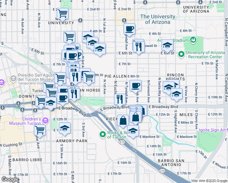 map of restaurants, bars, coffee shops, grocery stores, and more near 128 North Euclid Avenue in Tucson