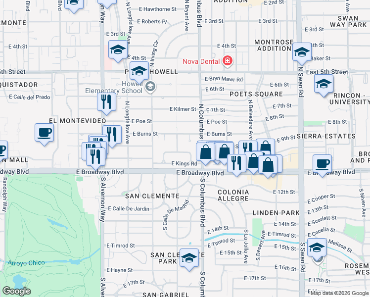 map of restaurants, bars, coffee shops, grocery stores, and more near 4215 East Oxford Drive in Tucson