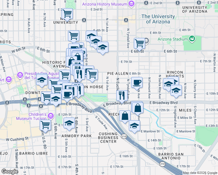 map of restaurants, bars, coffee shops, grocery stores, and more near 126 North 1st Avenue in Tucson