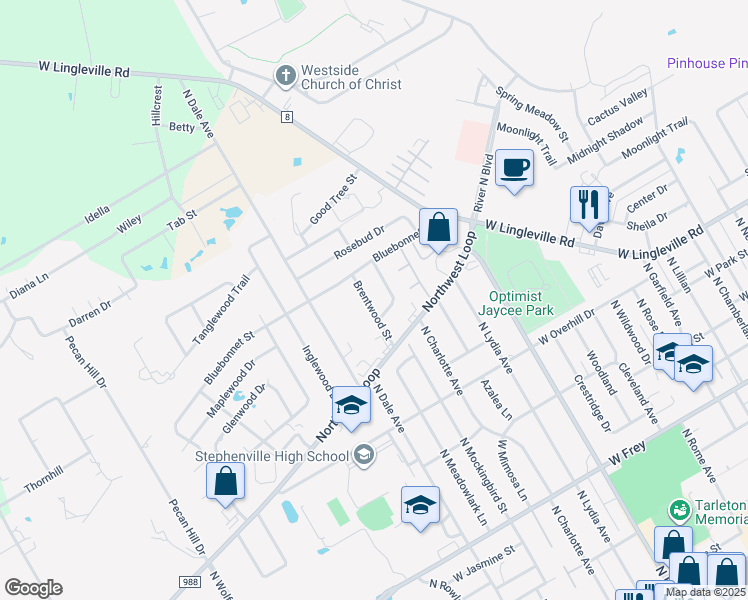 map of restaurants, bars, coffee shops, grocery stores, and more near 203 Brentwood Street in Stephenville