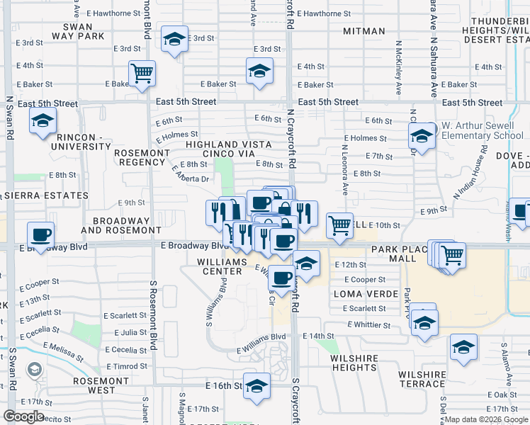 map of restaurants, bars, coffee shops, grocery stores, and more near 5418 East 10th Street in Tucson