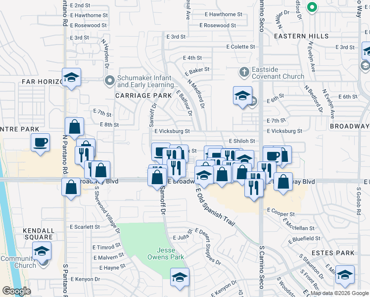 map of restaurants, bars, coffee shops, grocery stores, and more near 8371 East Appomattox Street in Tucson