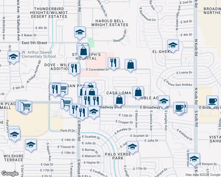map of restaurants, bars, coffee shops, grocery stores, and more near 78 North Placita Del Saco in Tucson