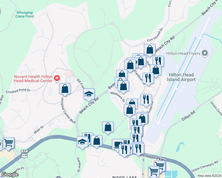 map of restaurants, bars, coffee shops, grocery stores, and more near 1 Mathews Drive in Hilton Head Island