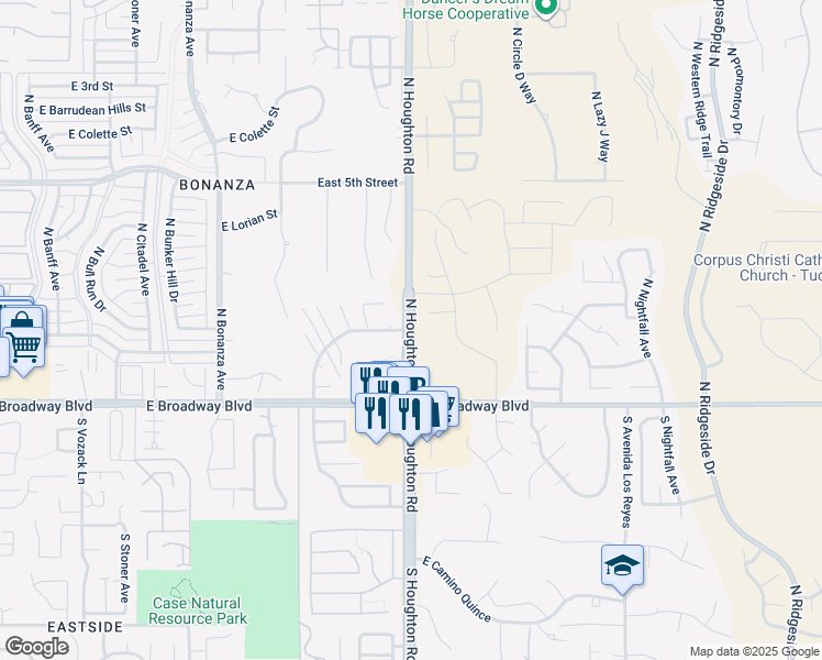 map of restaurants, bars, coffee shops, grocery stores, and more near 248 North Houghton Road in Tucson