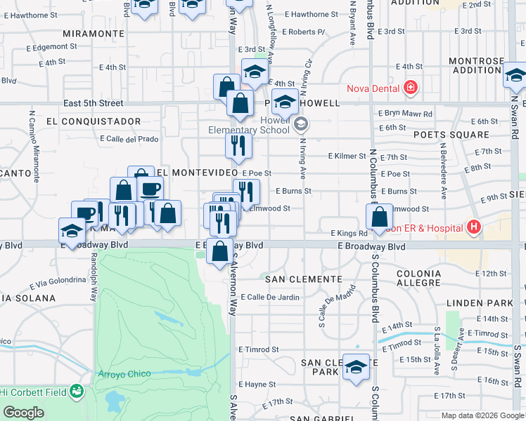 map of restaurants, bars, coffee shops, grocery stores, and more near 35 North Longfellow Avenue in Tucson