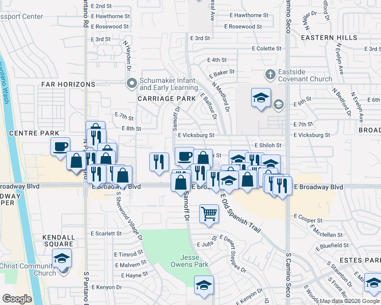 map of restaurants, bars, coffee shops, grocery stores, and more near 8272 East Appomattox Street in Tucson