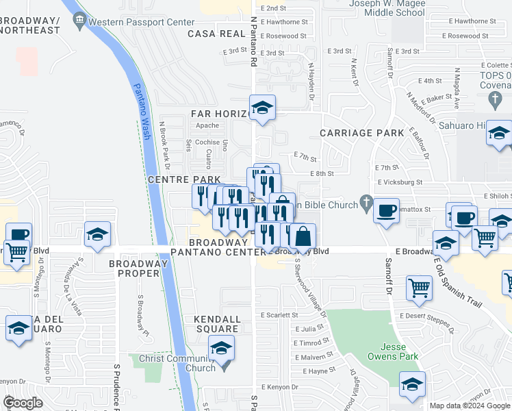 map of restaurants, bars, coffee shops, grocery stores, and more near 150 N Pantano Rd in Tucson