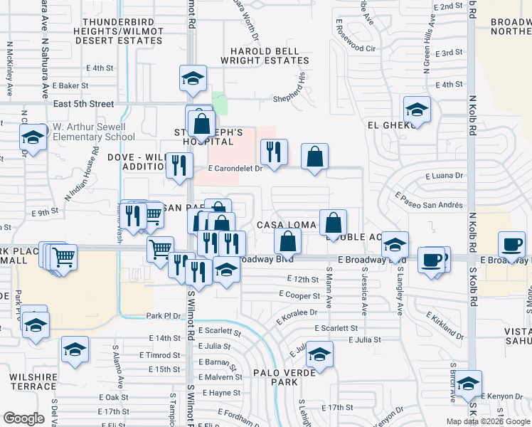 map of restaurants, bars, coffee shops, grocery stores, and more near 78 North Placita Del Saco in Tucson