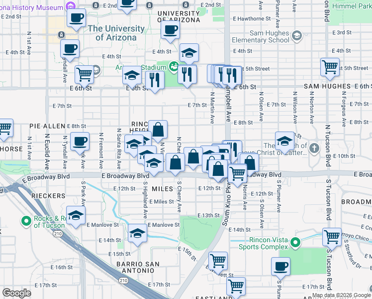 map of restaurants, bars, coffee shops, grocery stores, and more near 142 North Cherry Avenue in Tucson