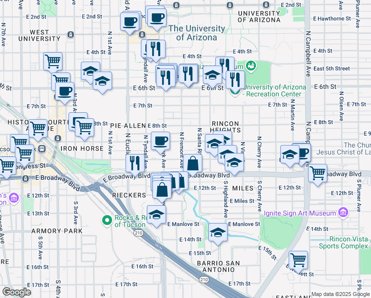 map of restaurants, bars, coffee shops, grocery stores, and more near 1043 East 10th Street in Tucson
