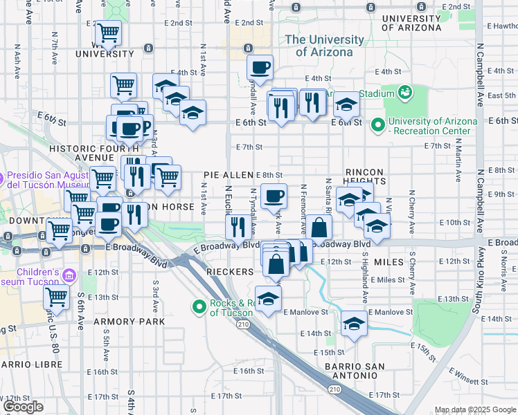 map of restaurants, bars, coffee shops, grocery stores, and more near 121 North Tyndall Avenue in Tucson