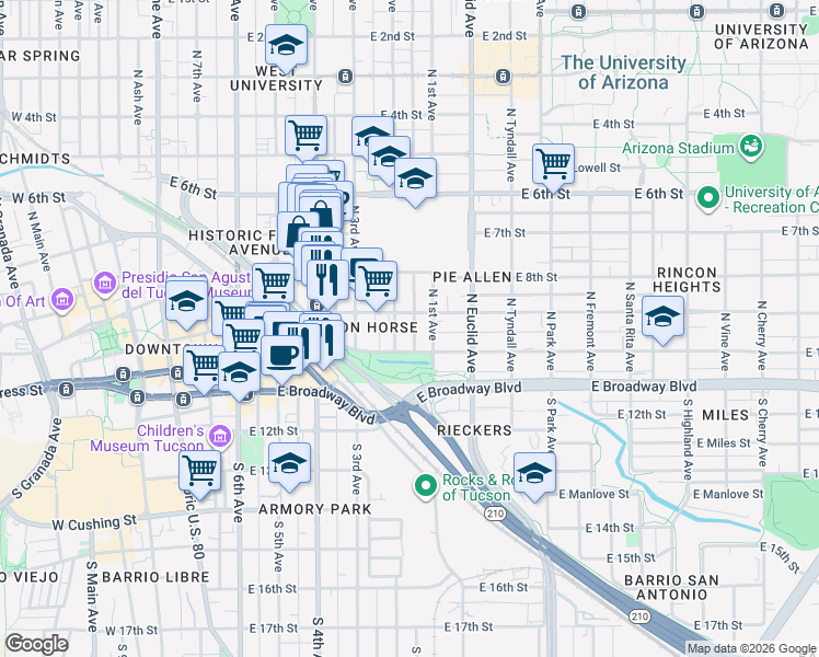 map of restaurants, bars, coffee shops, grocery stores, and more near 116 North 2nd Avenue in Tucson