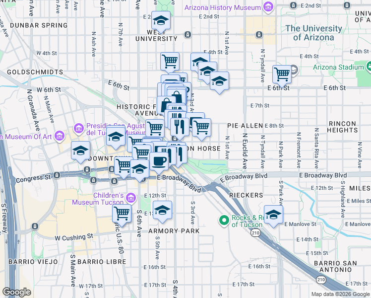 map of restaurants, bars, coffee shops, grocery stores, and more near in Tucson