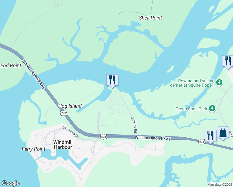 map of restaurants, bars, coffee shops, grocery stores, and more near 43 Jenkins Island Road in Hilton Head Island