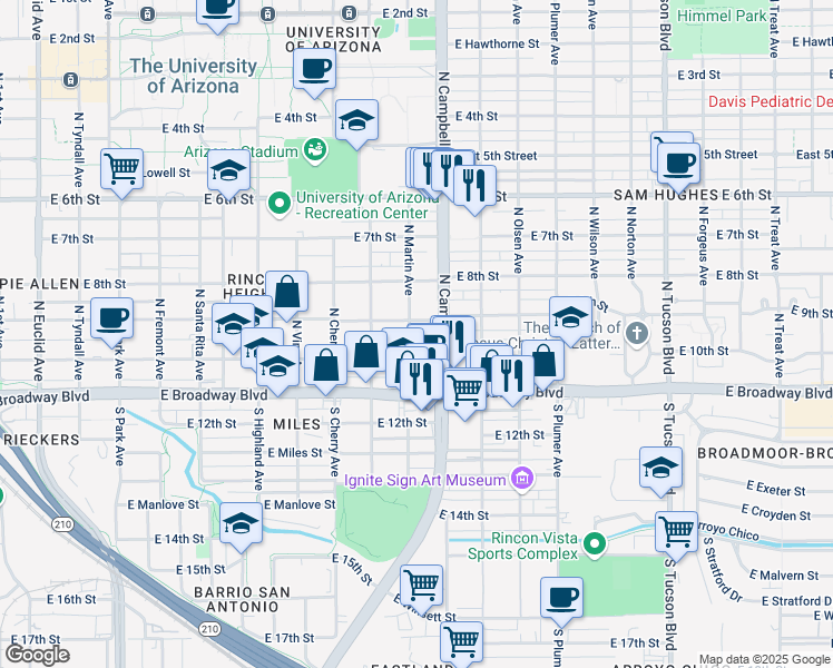 map of restaurants, bars, coffee shops, grocery stores, and more near 1823 East 10th Street in Tucson