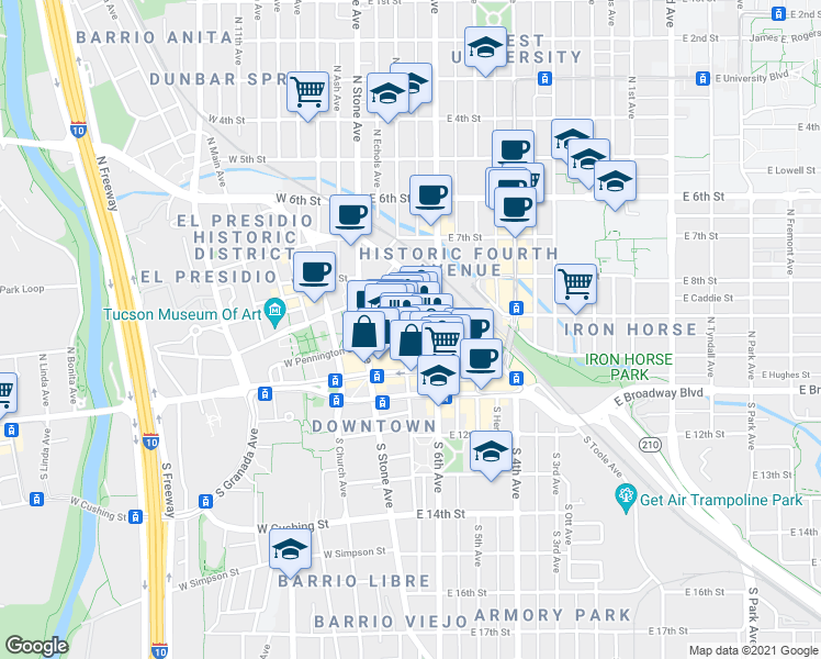 map of restaurants, bars, coffee shops, grocery stores, and more near 110 North Scott Avenue in Tucson