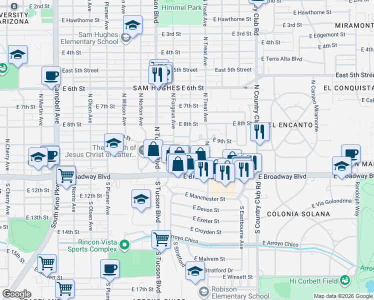 map of restaurants, bars, coffee shops, grocery stores, and more near 101 North Sawtelle Avenue in Tucson