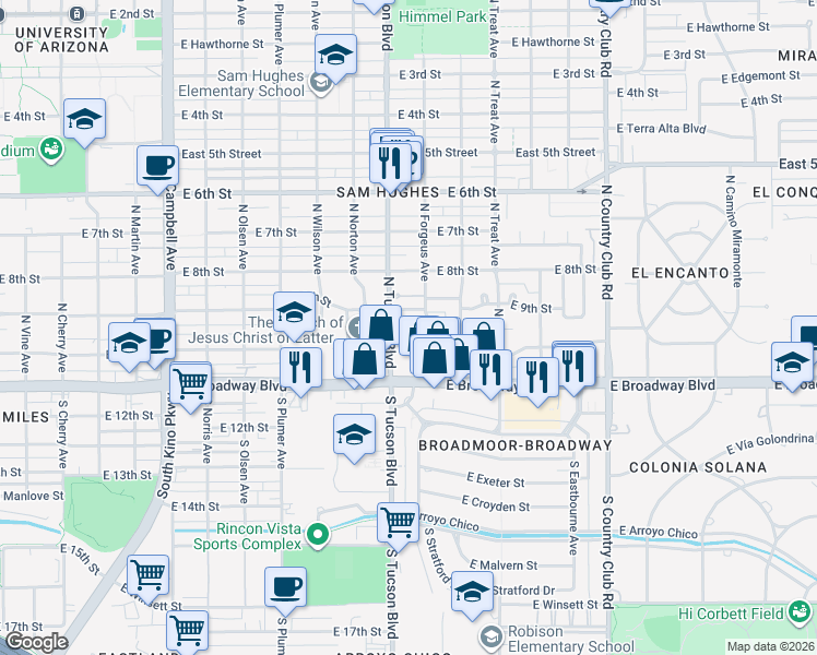 map of restaurants, bars, coffee shops, grocery stores, and more near 2544 East 10th Street in Tucson