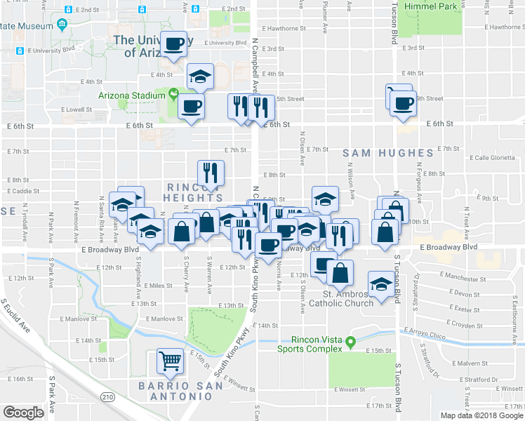 map of restaurants, bars, coffee shops, grocery stores, and more near 1927 East 10th Street in Tucson