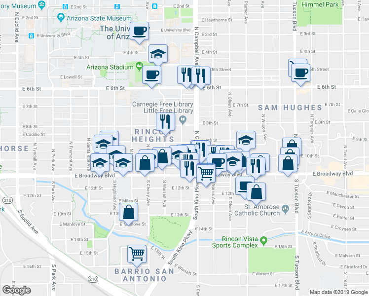 map of restaurants, bars, coffee shops, grocery stores, and more near 1823 East 10th Street in Tucson
